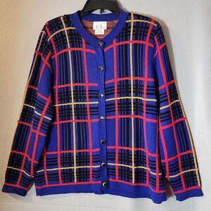 Vintage Cricket Lane Sweater  Cardigan Plaid Blue Red Festive Women's Large